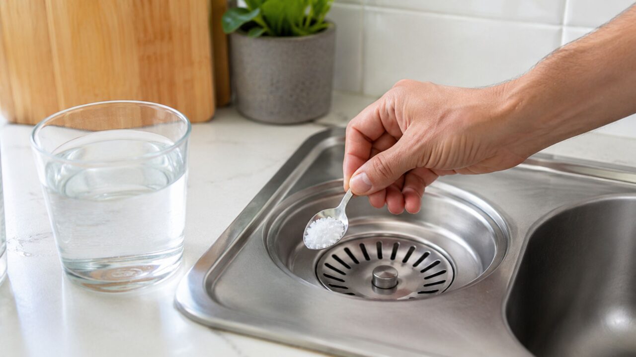 O uso moderado do sal grosso ajuda a reforçar a limpeza preventiva do ralo da cozinha