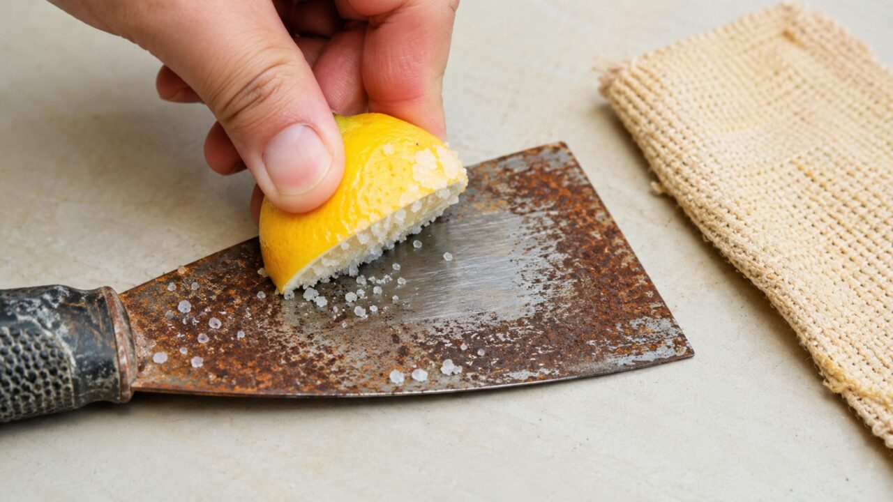 A acidez do limão e o atrito do sal ajudam a remover oxidação recente sem recuperar metal corroído profundamente