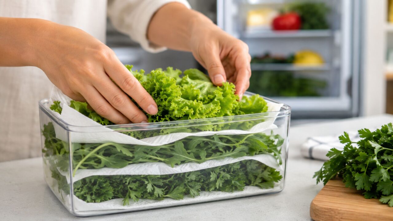 Verduras bem secas e papel absorvente reduzem o excesso de umidade no armazenamento