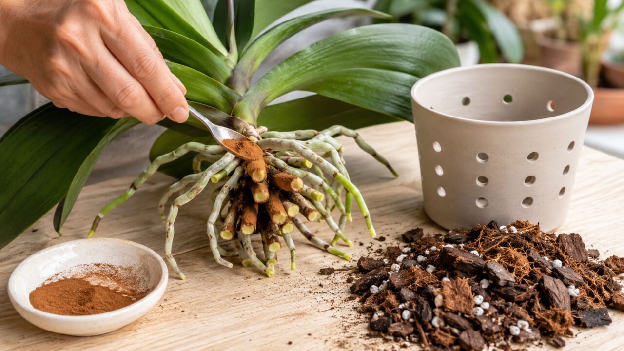 A canela pode ajudar a proteger os cortes depois da remoção das raízes comprometidas da orquídea