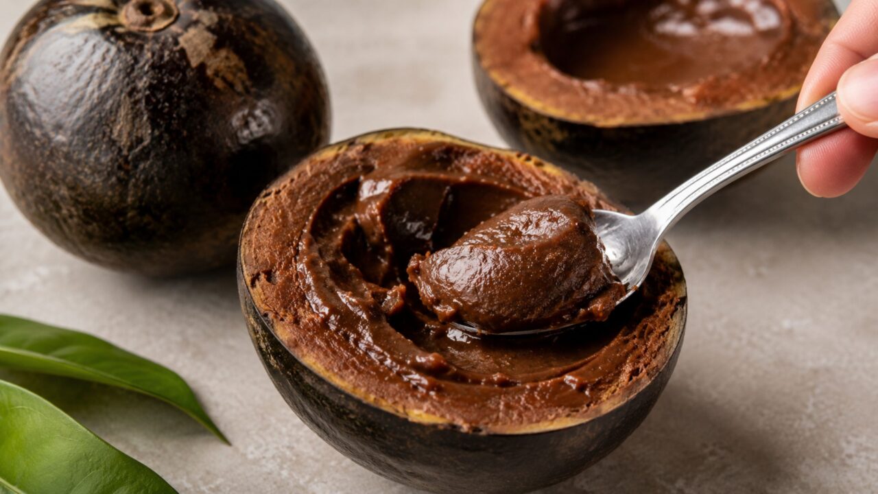 A sapota-preta ganha fama pela polpa escura, cremosa e naturalmente doce quando atinge o ponto ideal de consumo