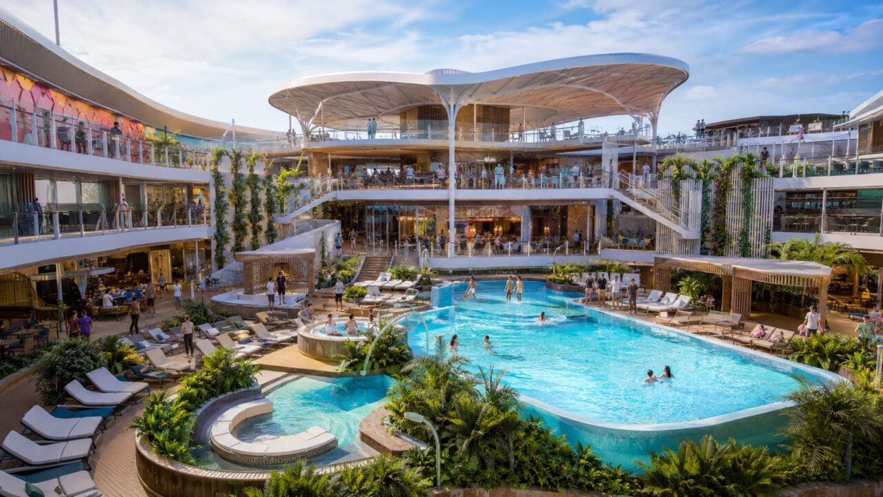 Piscinas, decks e áreas de convivência em uma cidade flutuante
