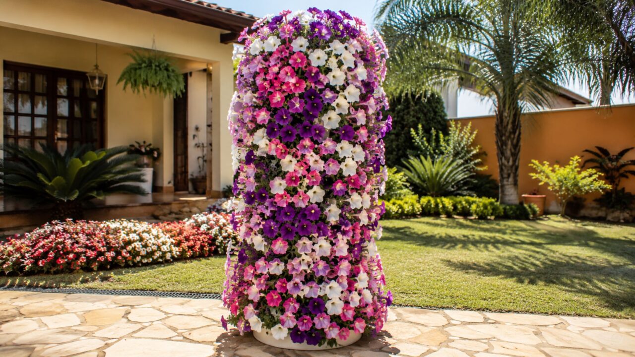 Adeus aos cestos pendurados: árvore de petúnias cria um jardim vertical cheio de flores
