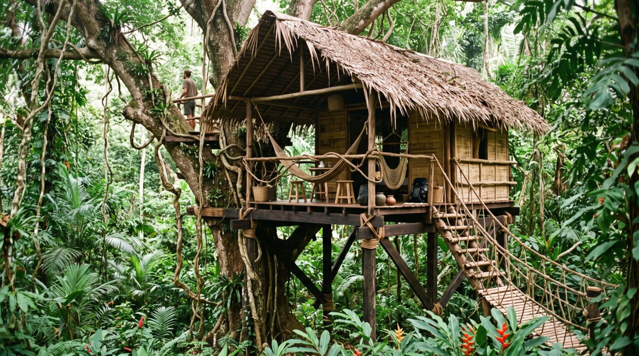 Como construir uma casa na árvore na selva usando materiais naturais.