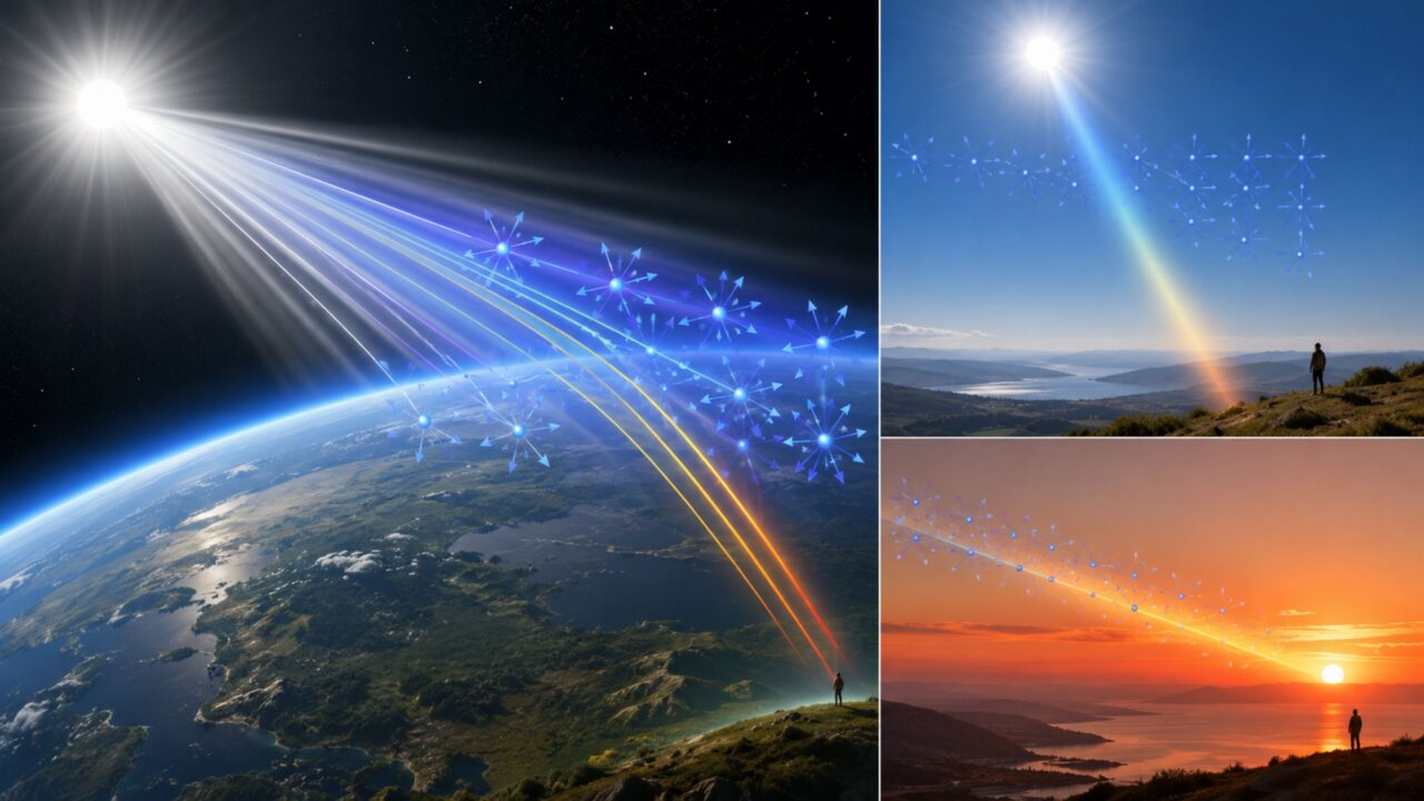 O espalhamento da luz azul faz o Sol parecer mais amarelo ou vermelho visto da Terra
