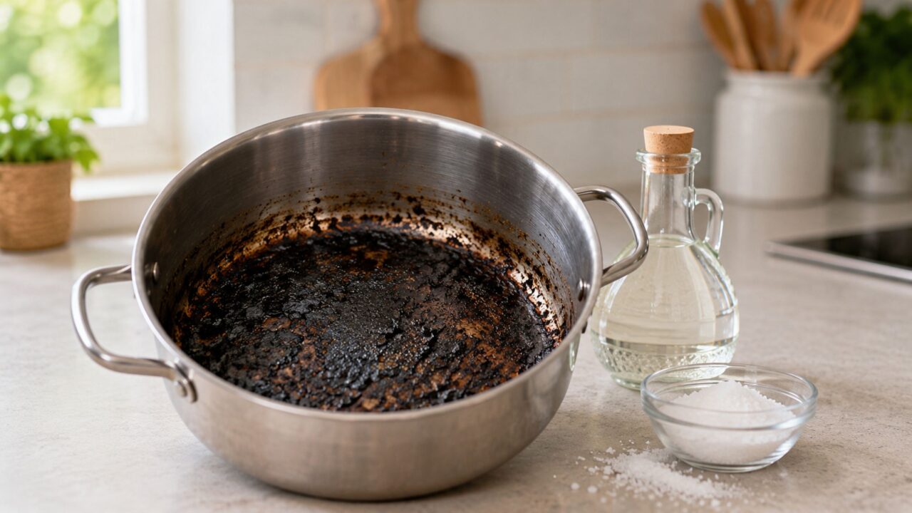 O truque definitivo com sal e vinagre para remover aquela crosta preta de queimado da panela sem esforço