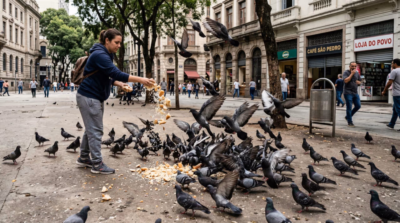 Moradores estão proibidos de alimentar pombos em praças públicas; a prática agora é considerada infração e a multa pode chegar a quase R$ 40 mil em algumas localidades
