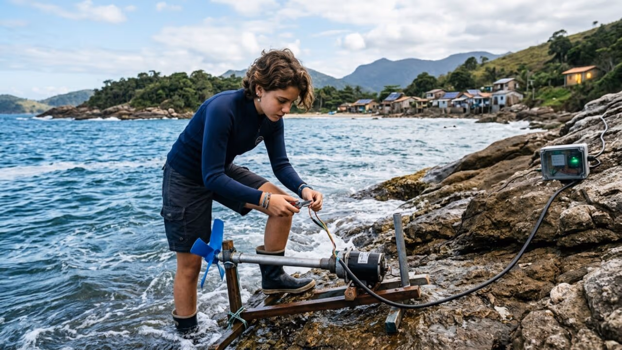 Os cientistas estão sem acreditar: uma garota de 15 anos construiu um gerador de 12 dólares que converte correntes oceânicas em energia limpa para residências remotas, enquanto a sonda transforma o movimento mecânico da água em eletricidade utilizável