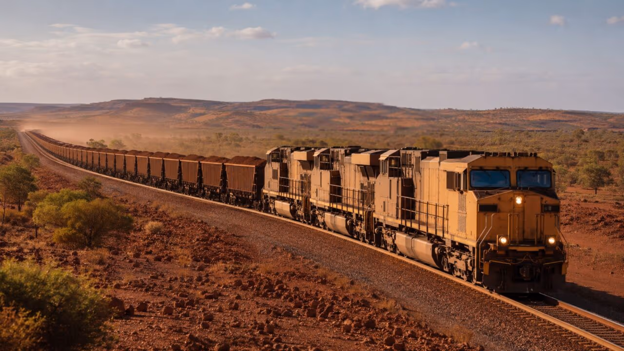 O trem australiano de 1,2 km que parece não ter fim ao cruzar o deserto carregado de minério de ferro nas áreas mais remotas do país