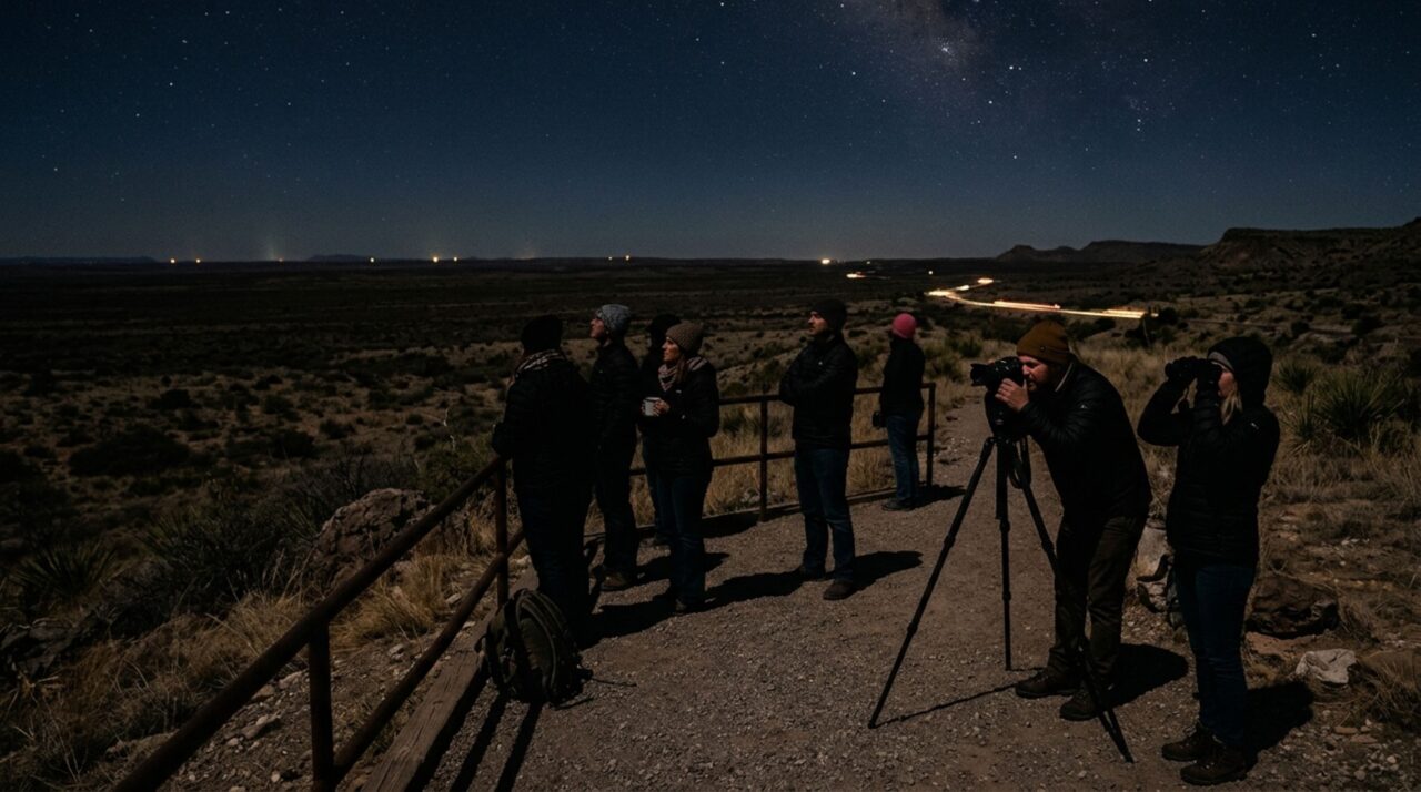 Visitantes observam as luzes de Marfa no oeste do Texas