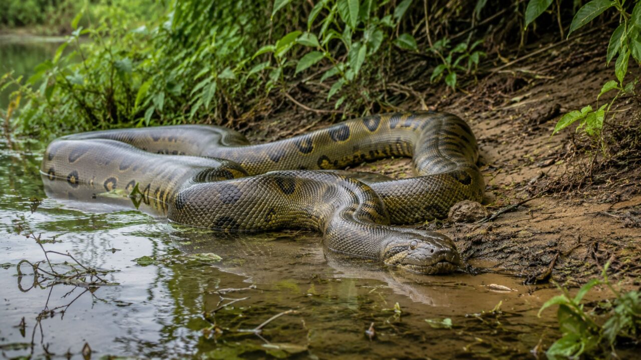 A sucuri-verde usa força e camuflagem para caçar perto da água