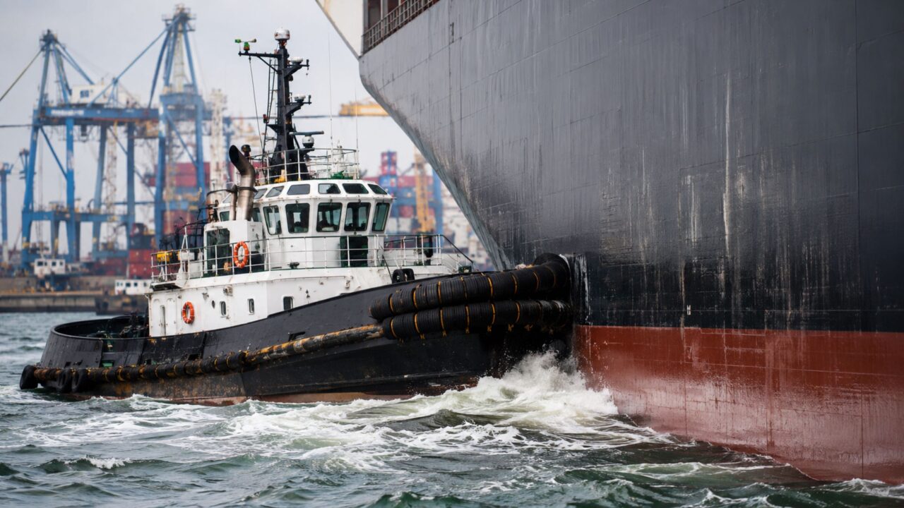 Pequeno perto de cargueiros gigantes, esse barco usa tração, propulsores direcionáveis e força precisa para controlar manobras delicadas