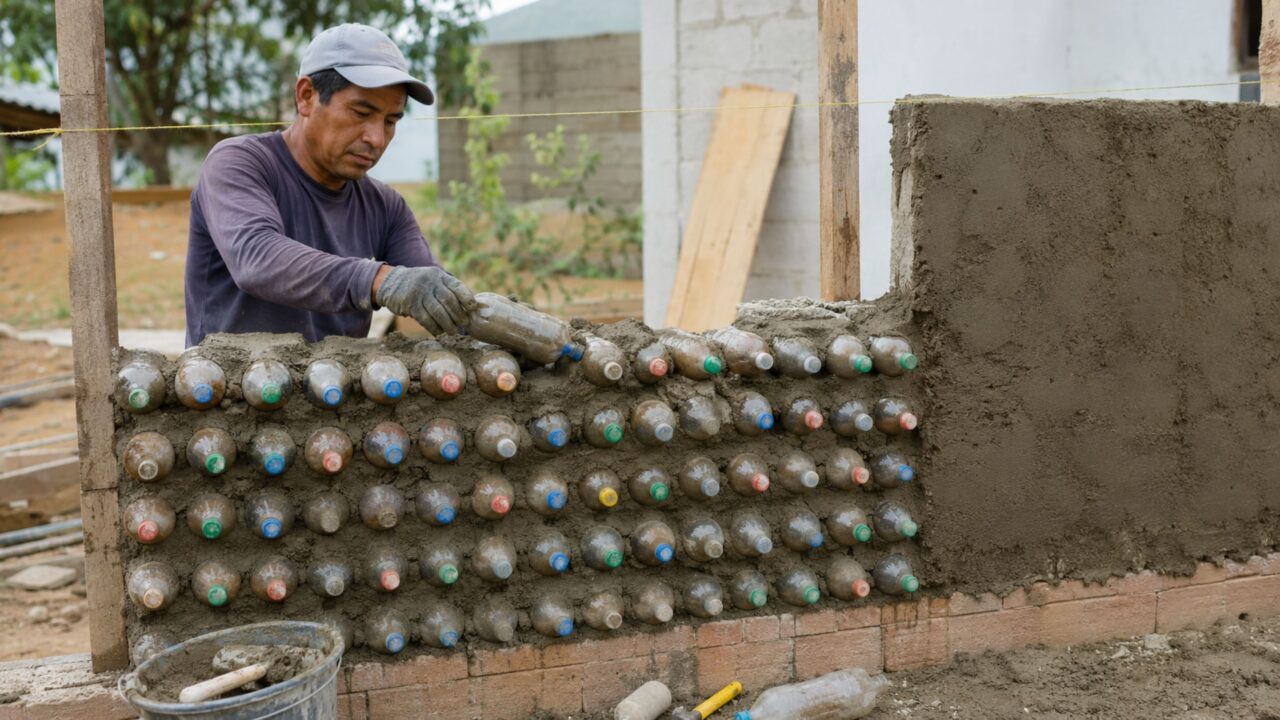 Garrafas preenchidas foram usadas nas paredes da obra
