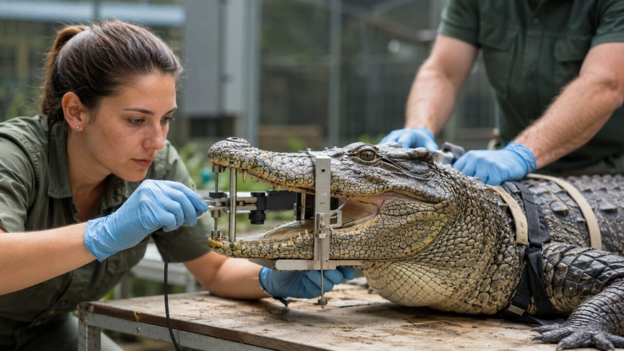 Pesquisadores medem a força da mordida em crocodilianos