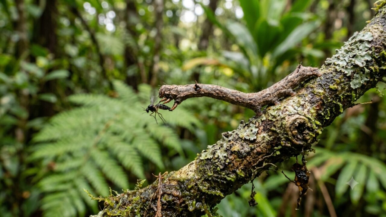 A lagarta carnívora do Havaí que se disfarça de graveto e ataca insetos em uma fração de segundo