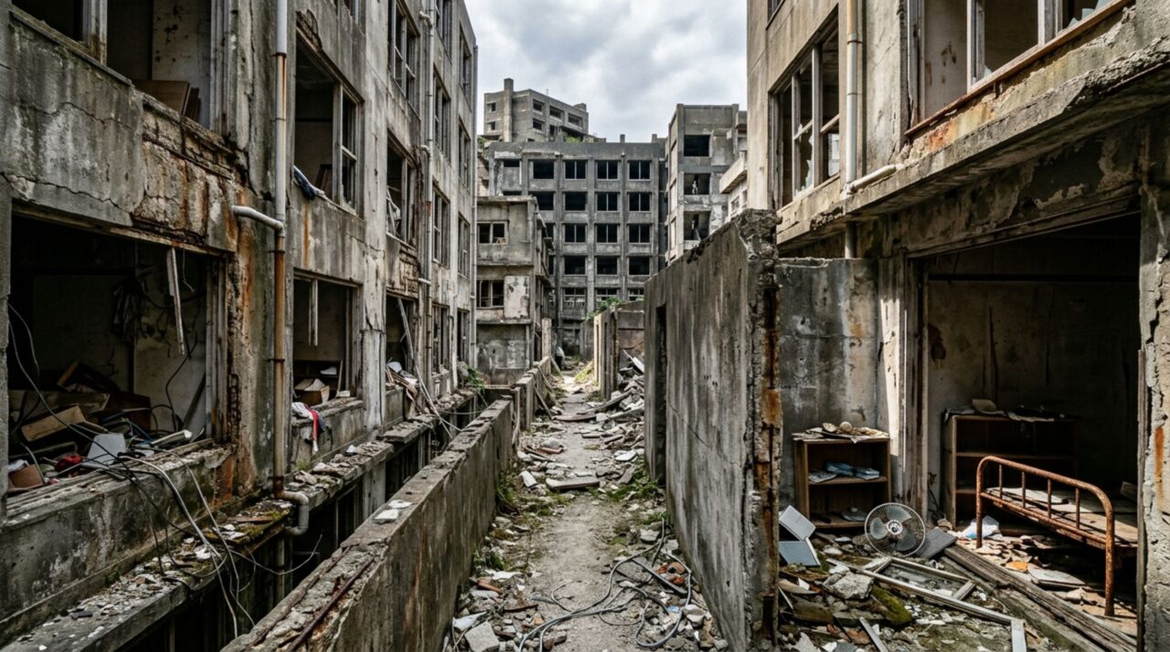 Os corredores vazios de uma comunidade abandonada em poucos meses