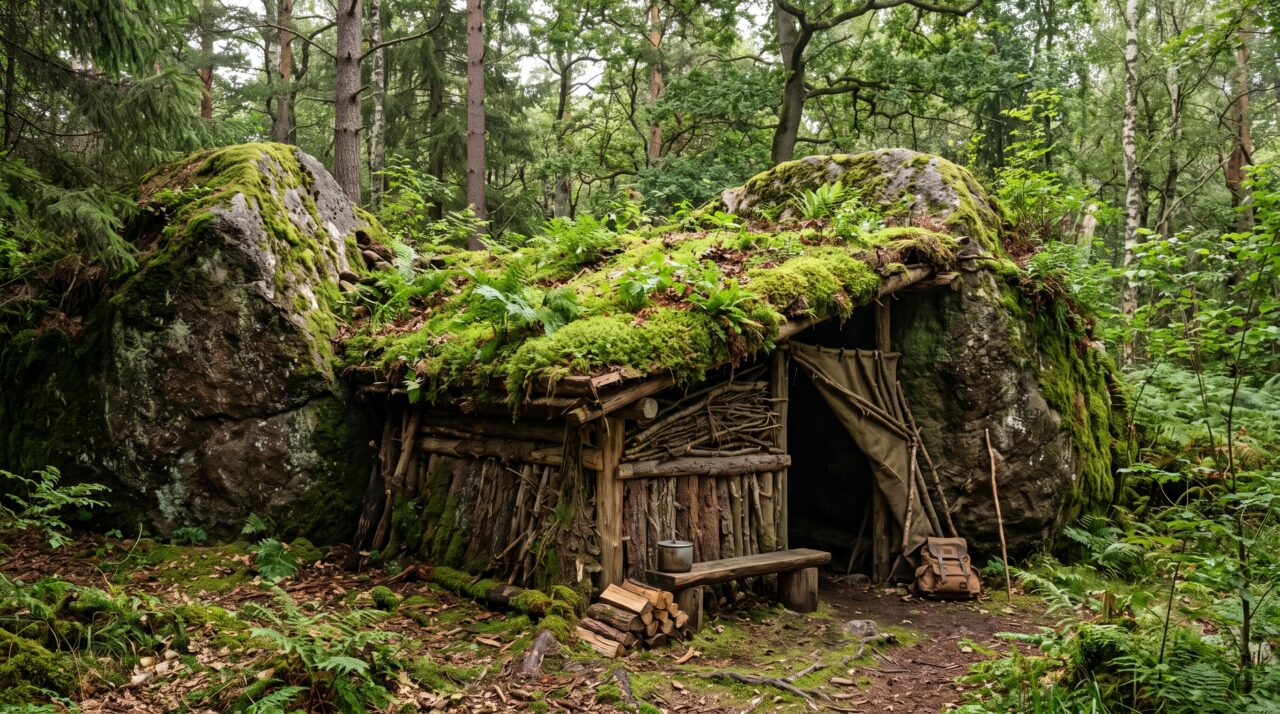 Ele construiu um abrigo entre duas rochas na floresta no estilo Hobbit aproveitando uma área acidentada no terreno