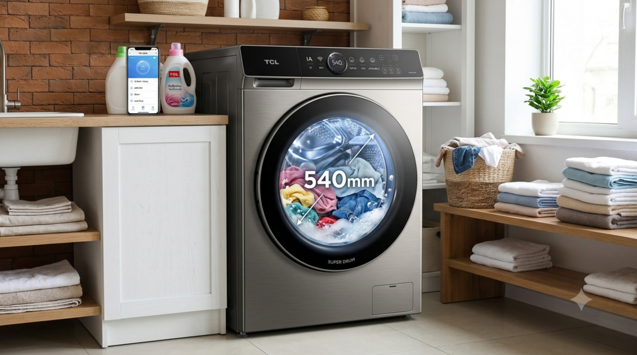 Adeus máquina de lavar tradicional: TCL revoluciona e apresenta a Super Drum com tambor gigante de 540 mm, seis aletas internas que imitam a lavagem à mão, espuma jetBubble, remoção automática de manchas, vapor, dosagem automática e sinal Wi-Fi