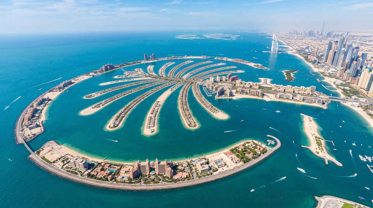 Detalhes da construção, grandiosidade e curiosidades da ilha Palm Jumeirah em Dubai.
