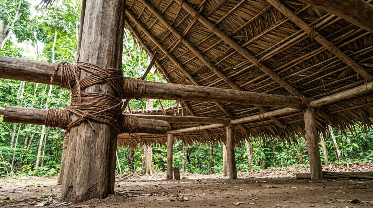 A estrutura de materiais naturais que sustenta as grandes moradias comunitárias