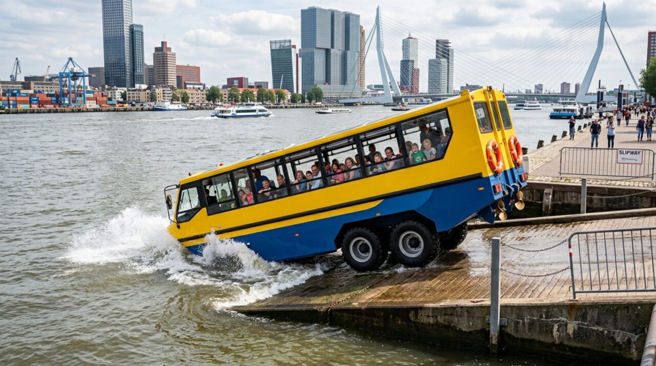 O ônibus bizarro que sai do asfalto, entra direto no rio e continua levando passageiros sem afundar