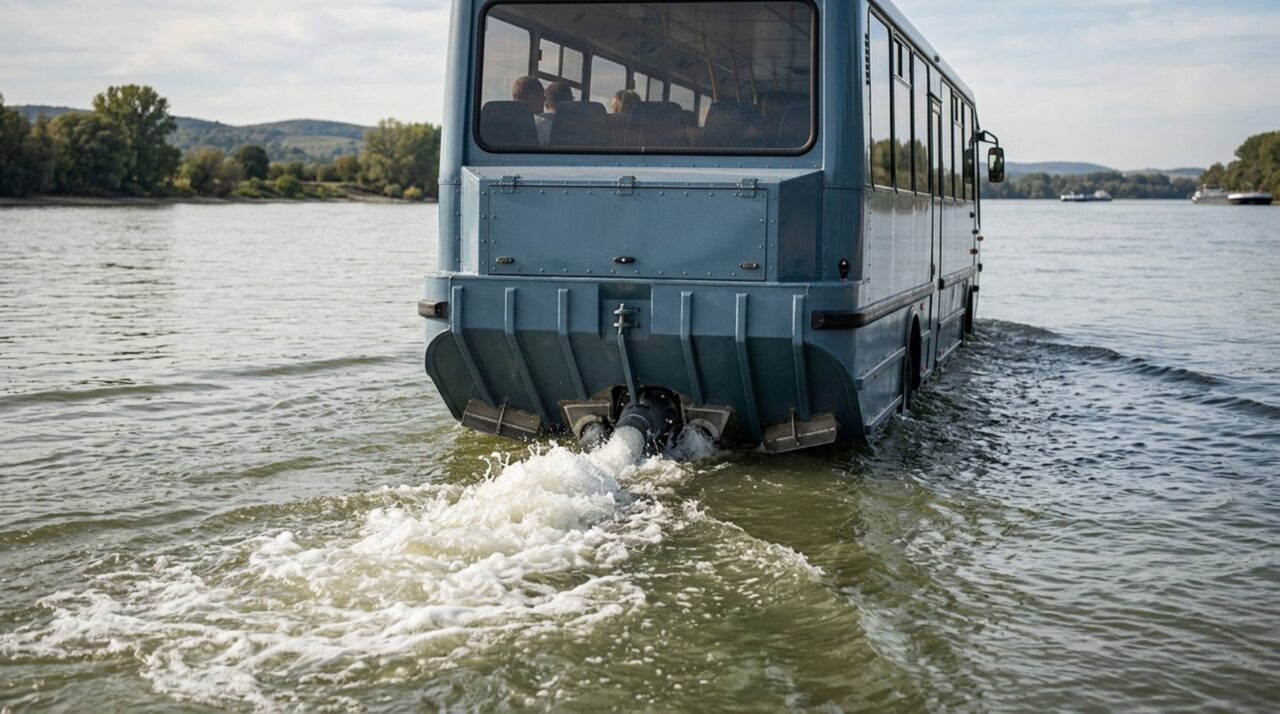 Engrenagens e jatos de propulsão na traseira substituem o trabalho das rodas durante o trajeto fluvial