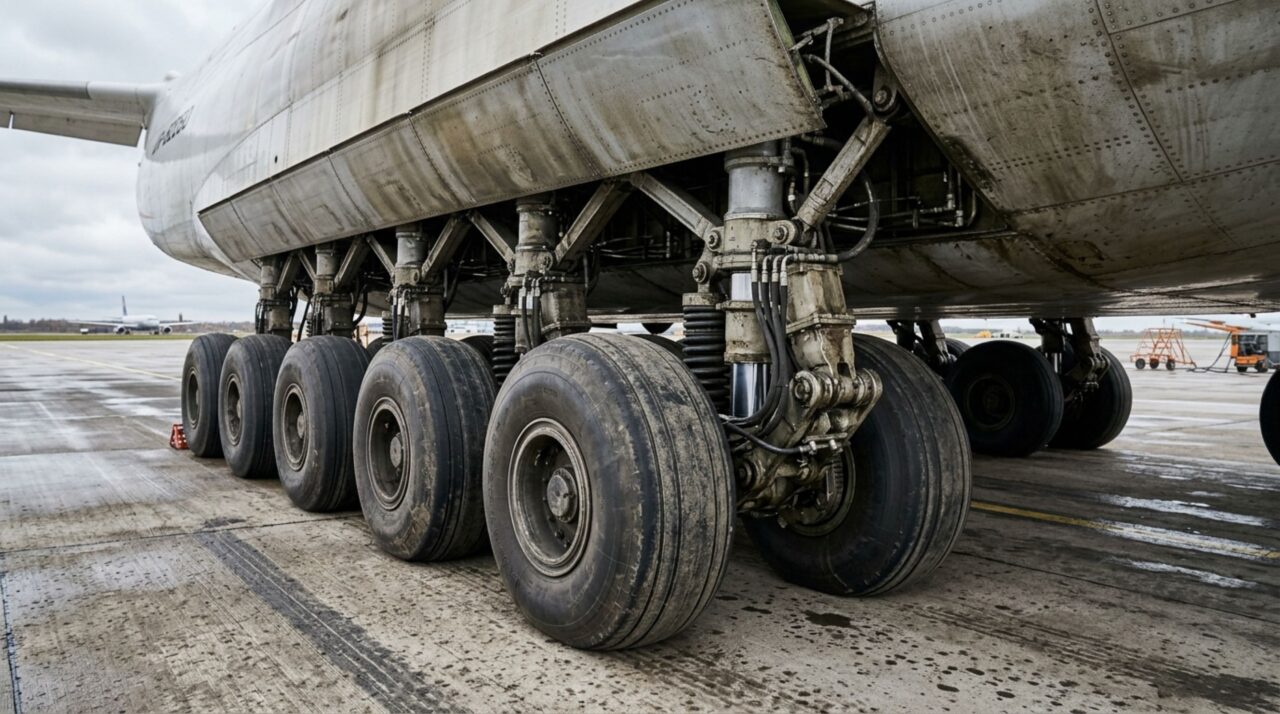 Robusto conjunto de trinta e duas rodas distribuía o peso colossal da aeronave sobre a pista