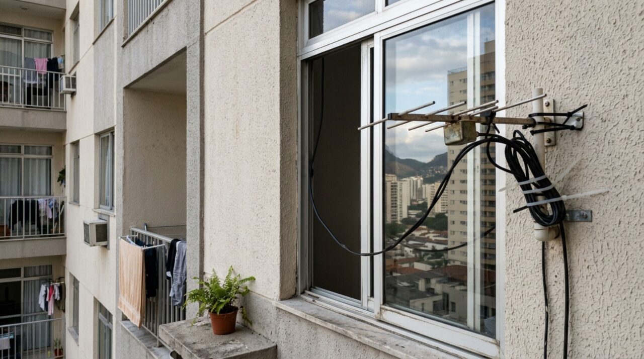 Morador instala antena externa improvisada na janela e é multado pelo condomínio