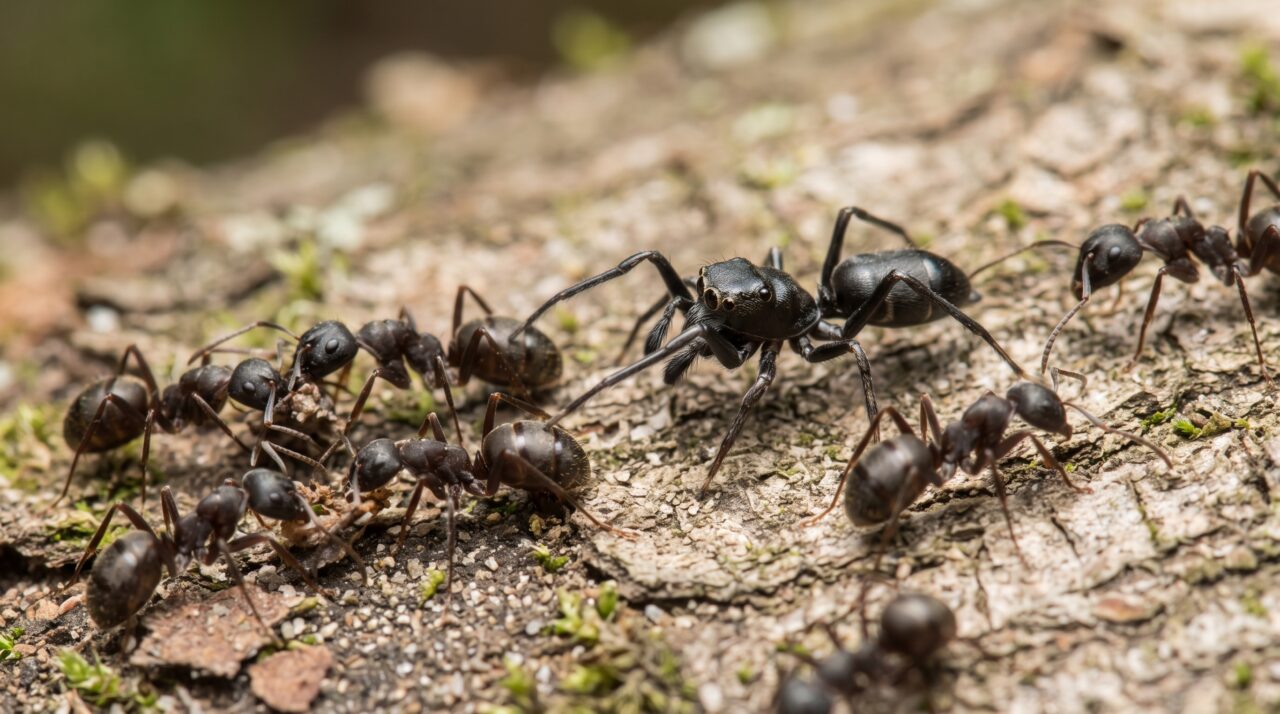 O comportamento e o disfarce da aranha-imitadora-de-formiga.