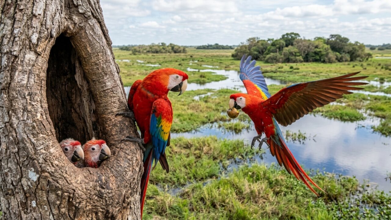 Depois de 150 anos, araras-vermelhas voltam a nascer na natureza e emocionam conservacionistas
