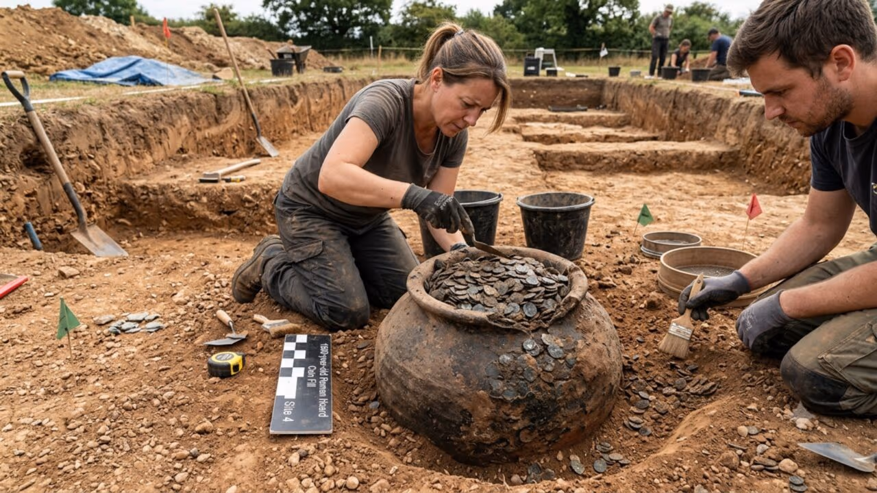 Arqueólogos desenterram um jarro cheio de dezenas de milhares de moedas romanas de 1.800 anos