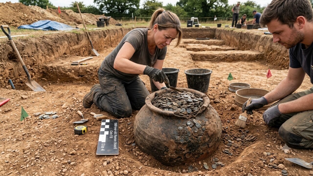 Arqueólogos desenterram um jarro cheio de dezenas de milhares de moedas romanas de 1.800 anos