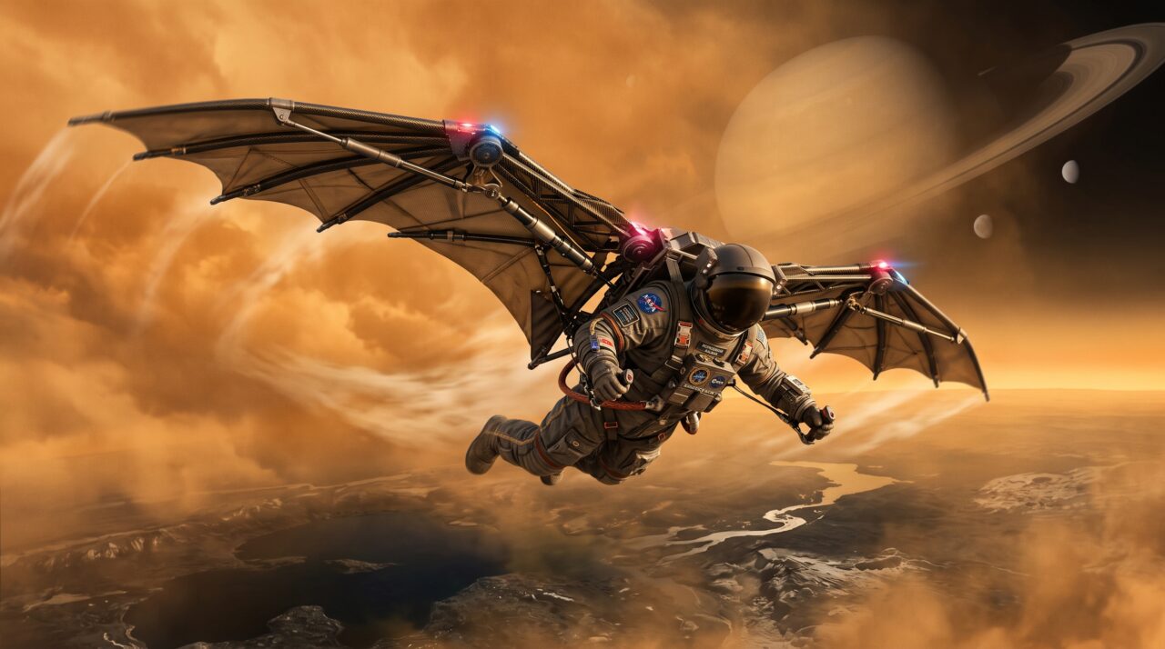 A atmosfera de Titã é tão densa e sua gravidade tão fraca que uma pessoa equipada com o traje alado adequado poderia, plausivelmente, planar pelos céus do satélite — e essas mesmas condições fazem de Titã um dos grandes mundos do Sistema Solar mais favoráveis ​​para o pouso de uma espaçonave