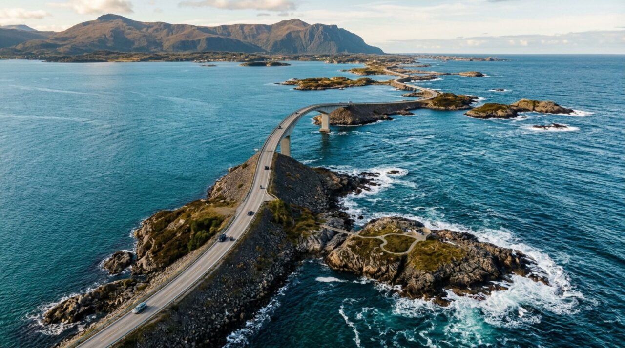 Vista aérea da Rodovia Atlântica conectando pequenas ilhas no litoral norueguês