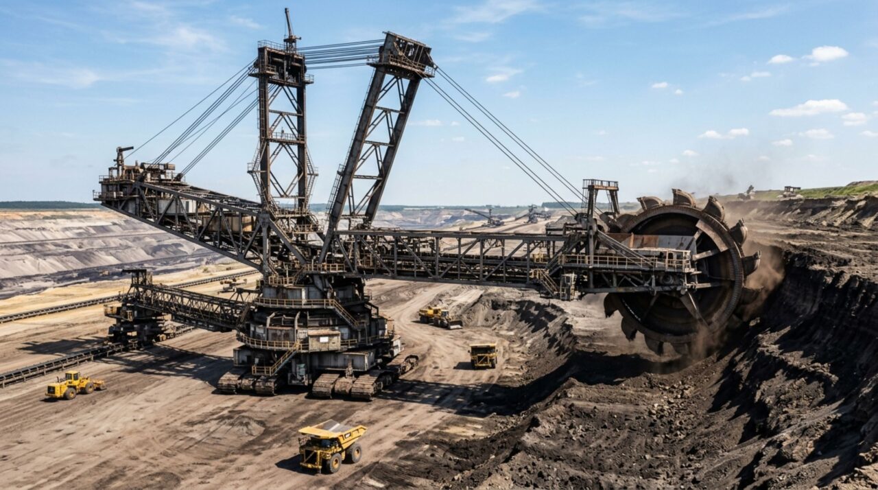 A máquina de 14.200 toneladas que anda sobre 12 esteiras e remove 240 mil m³ de terra por dia