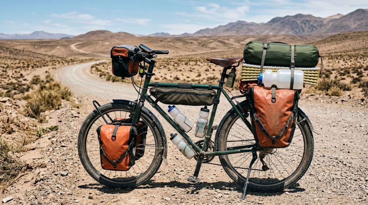 Com todos os suprimentos e água a bicicleta de expedição chegava a pesar mais de 80 quilos