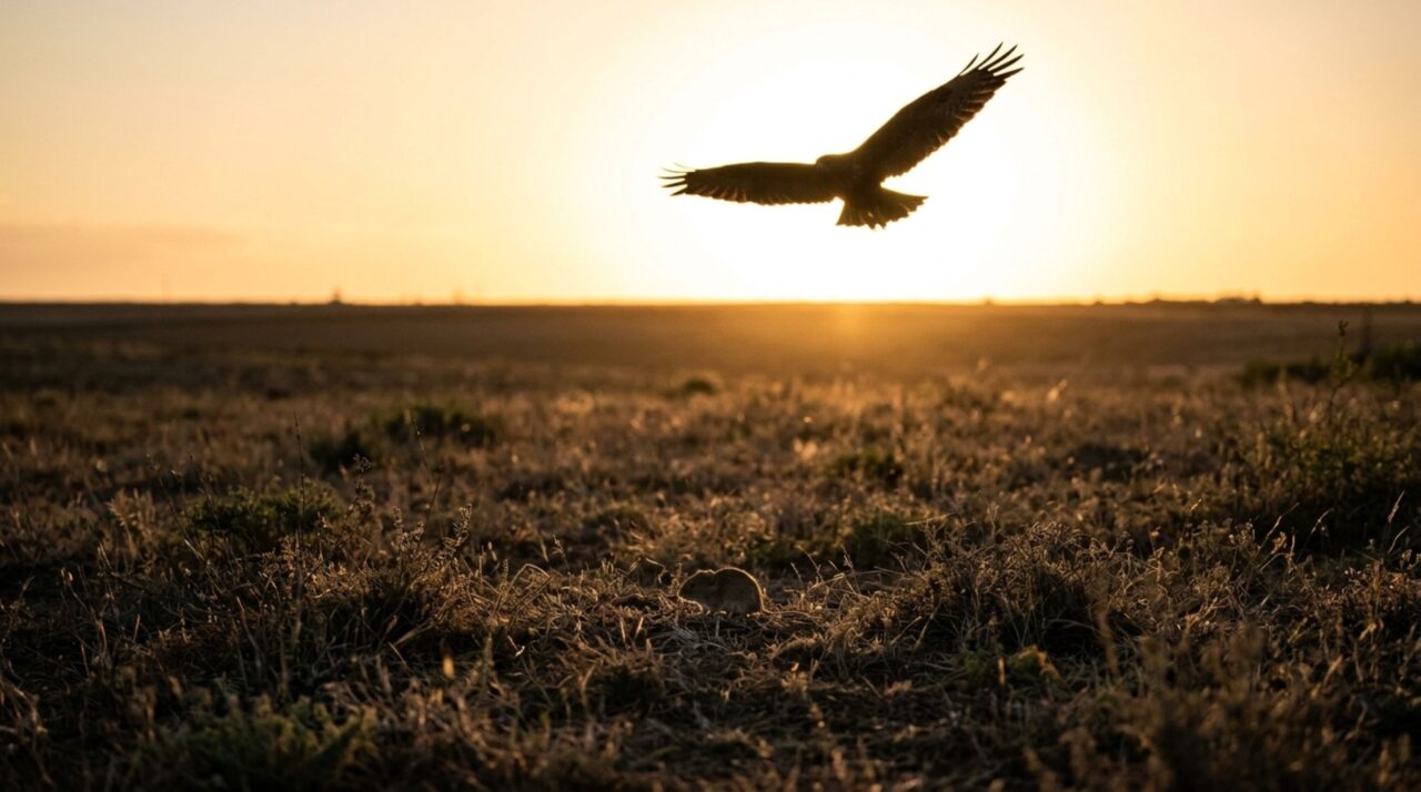 O gavião astuto que pode atacar vindo de frente com o sol para surpreender a presa no chão