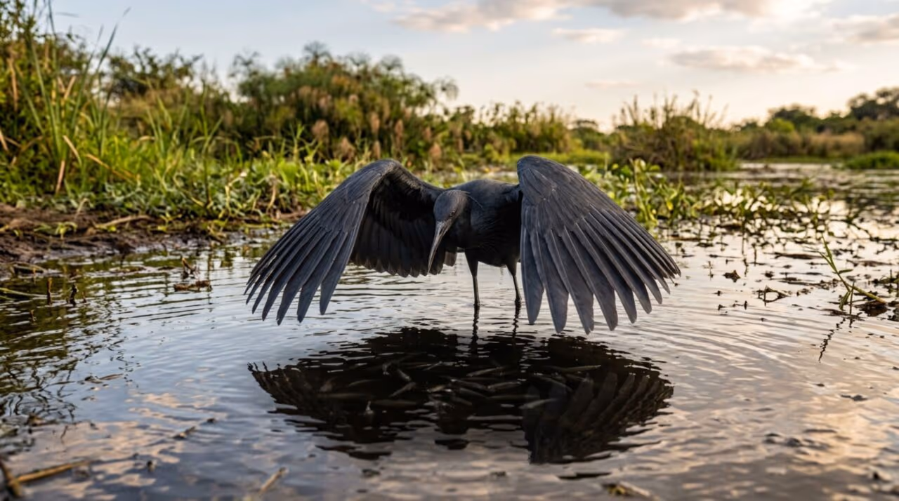A garça-negra que vira um guarda-chuva sobre a água e faz os peixes nadarem direto para o seu bico
