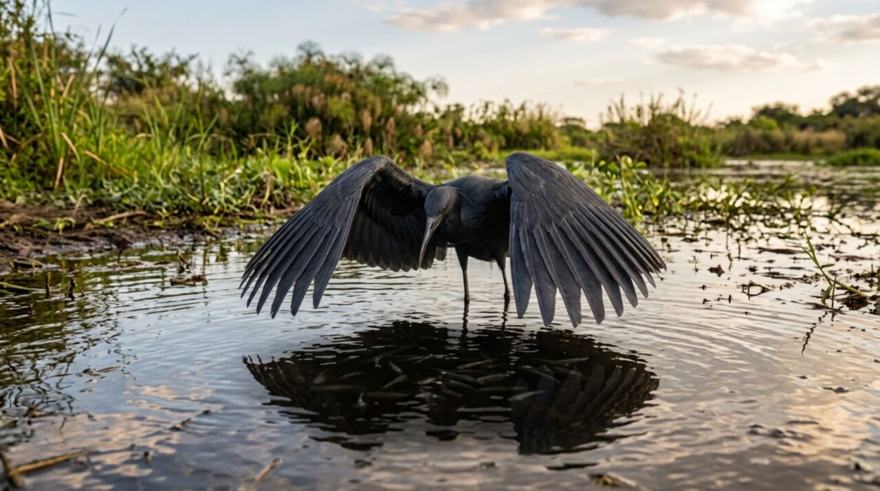 A garça-negra que vira um guarda-chuva sobre a água e faz os peixes nadarem direto para o seu bico