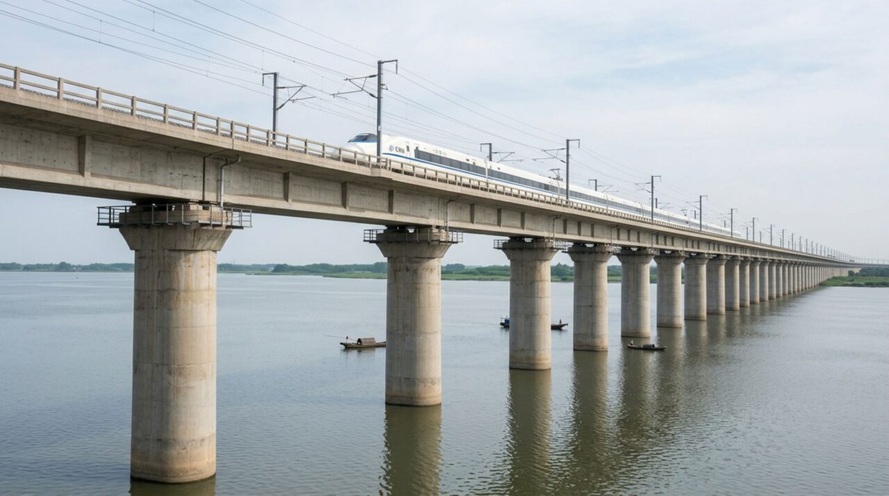 A travessia sobre o lago Yangcheng evidencia a precisão dos pilares e a escala da estrutura