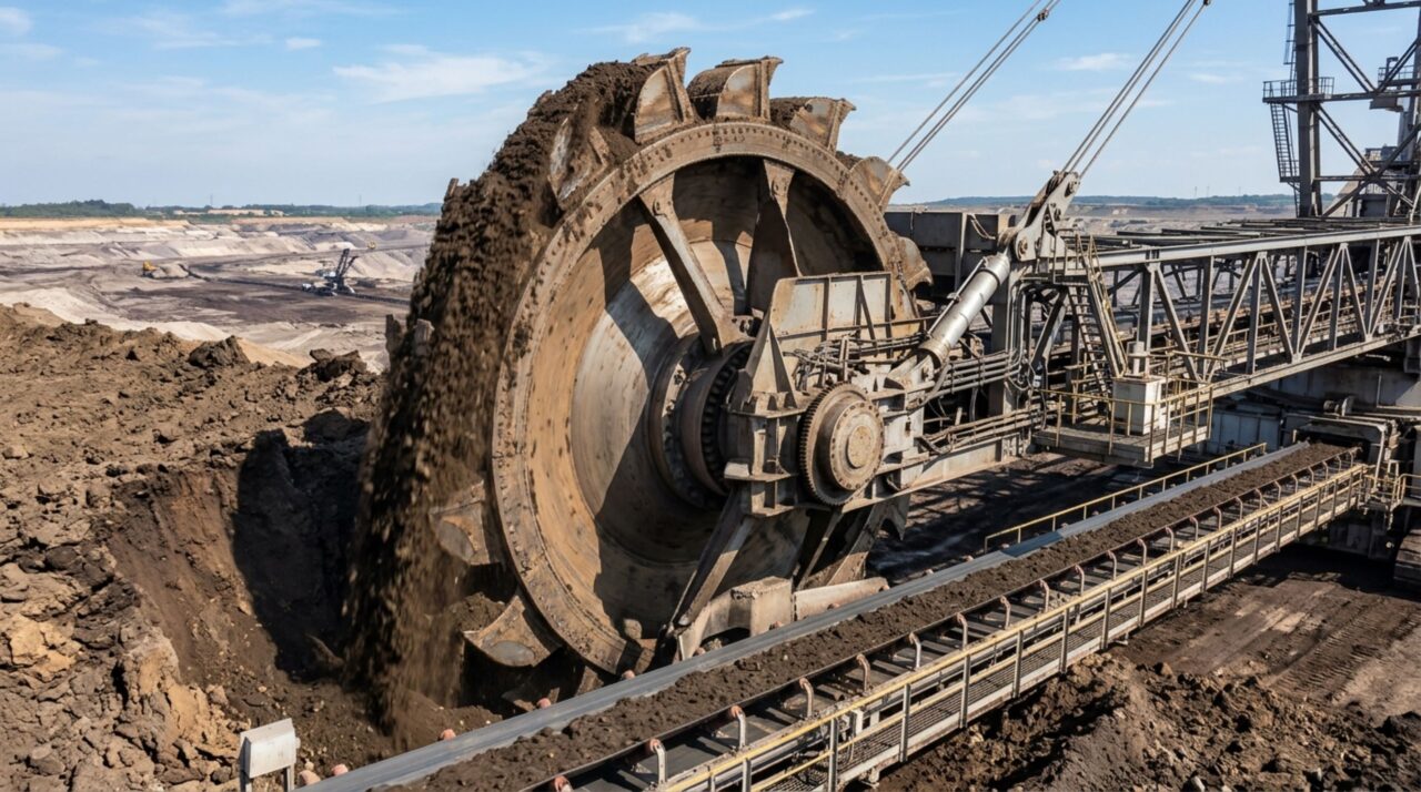 A roda de 21 metros possui 18 caçambas gigantes que cortam o solo de forma contínua
