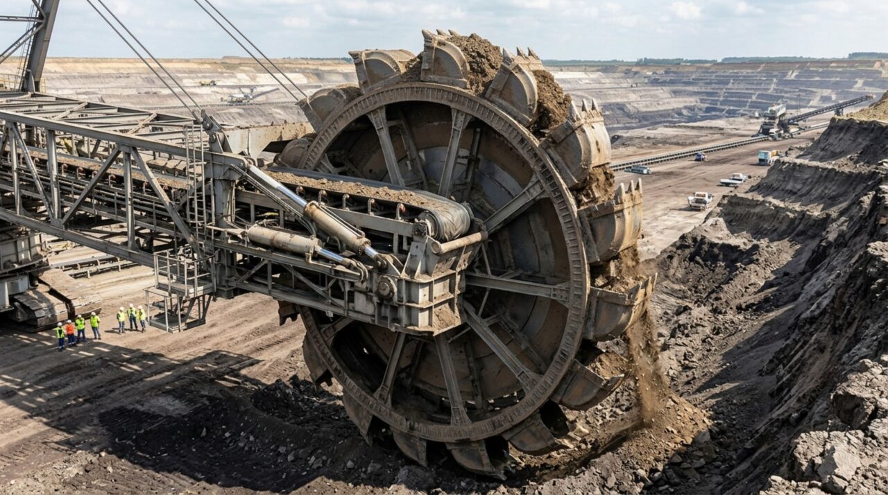 A rotação contínua das caçambas permite remover milhares de metros cúbicos de terra por hora