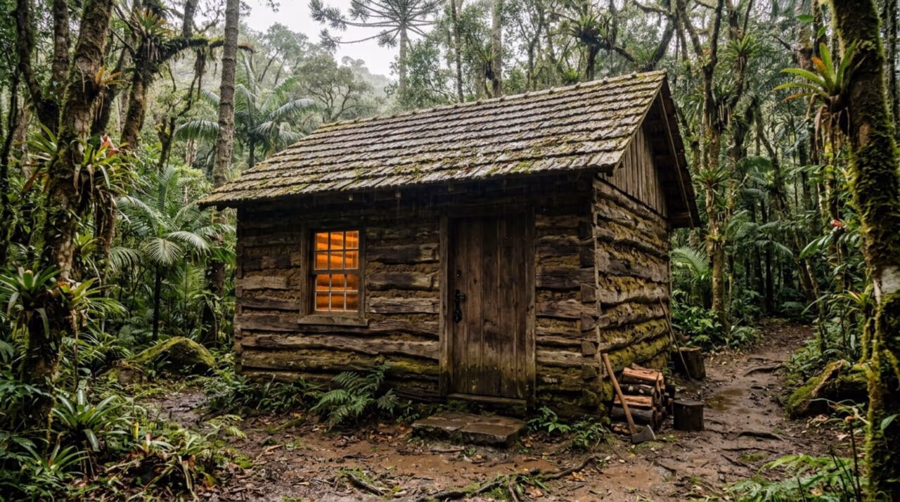 A partir de madeira bruta, homem ergue sozinho cabana rústica na floresta com cozinha e até iluminação elétrica
