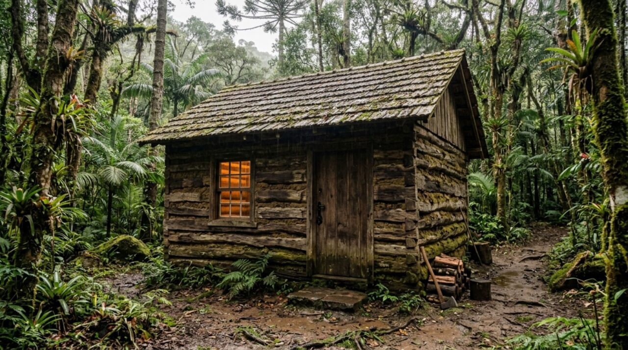 A partir de madeira bruta, homem ergue sozinho cabana rústica na floresta com cozinha e até iluminação elétrica