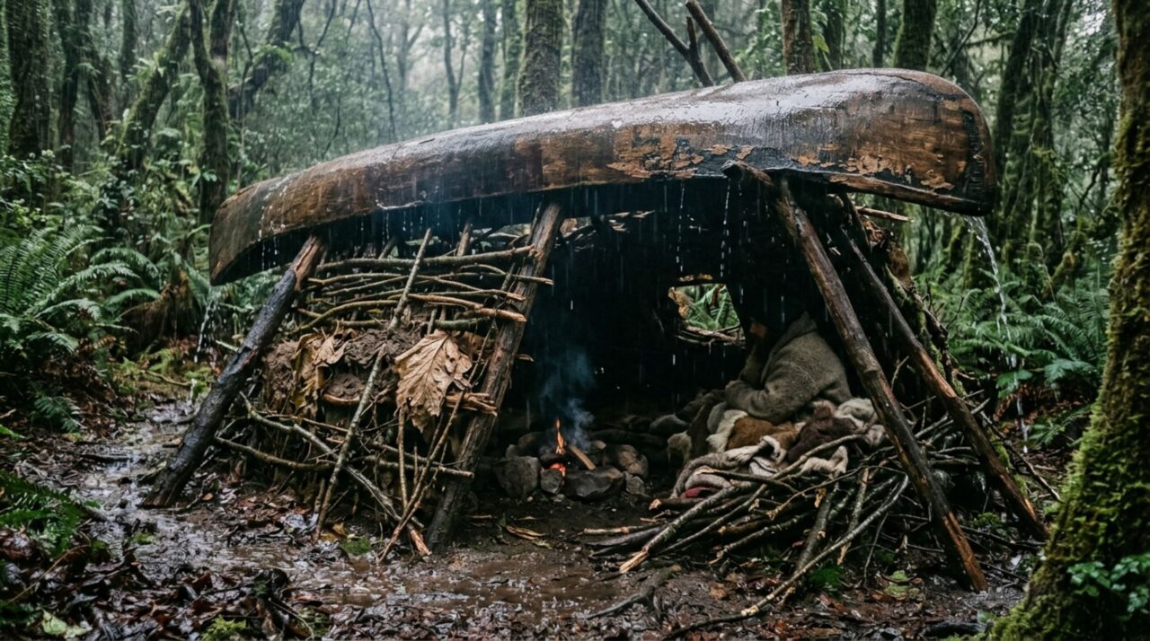Utilizando uma canoa velha e gravetos, homem acampa por 3 dias em baixo de fortes chuvas e realiza uma experiência inesquecível