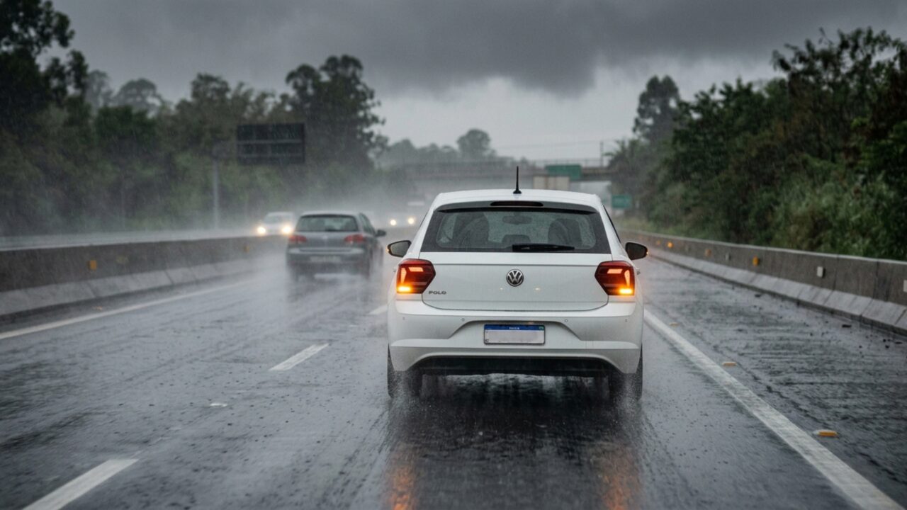 Motoristas que ligam o pisca-alerta durante chuva forte precisam conhecer o art. 251 do Código de Trânsito Brasileiro