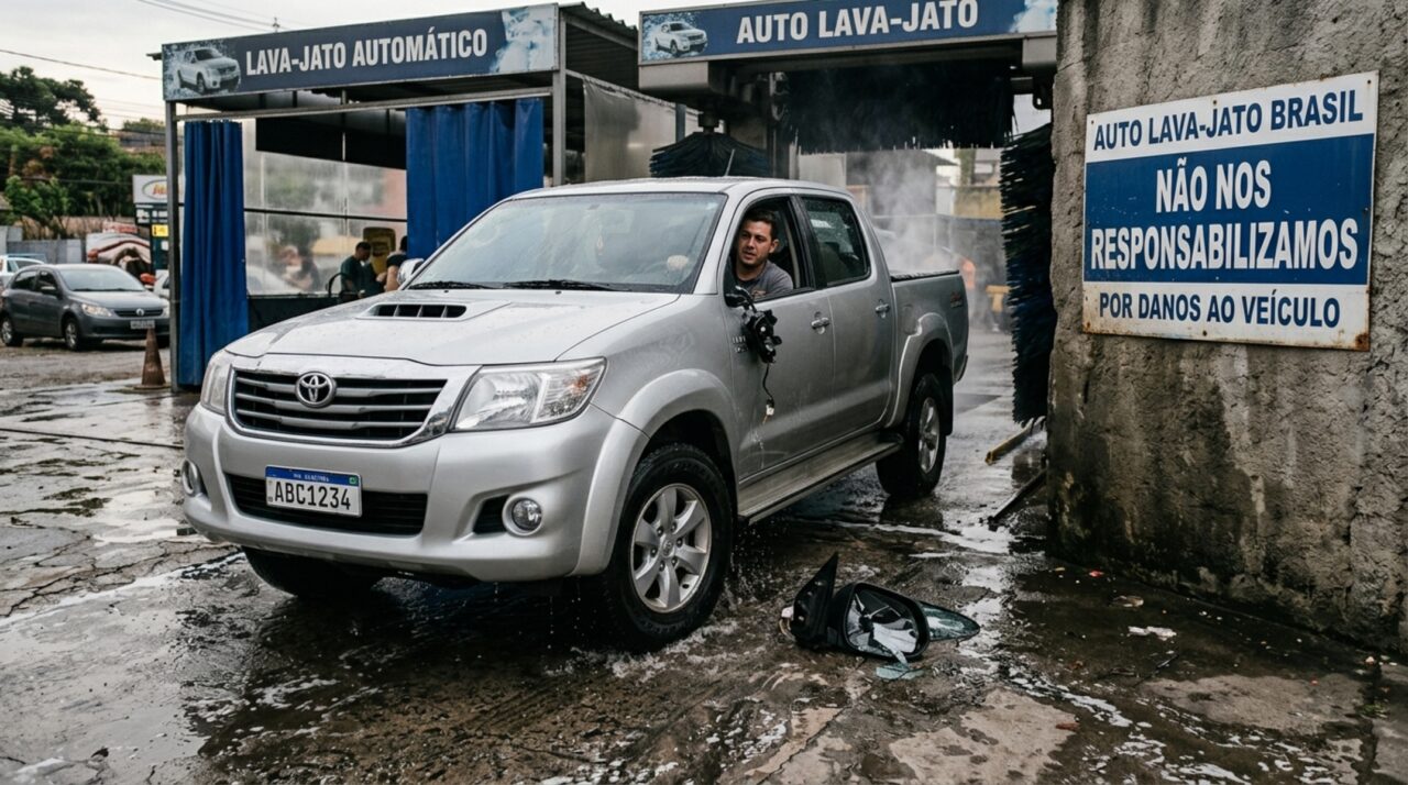 Homem lava o carro no lava-jato automático e o equipamento arranca o retrovisor, lava-jato diz que “não se responsabiliza por acessórios” com base na placa na entrada, mas o CDC diz outra coisa