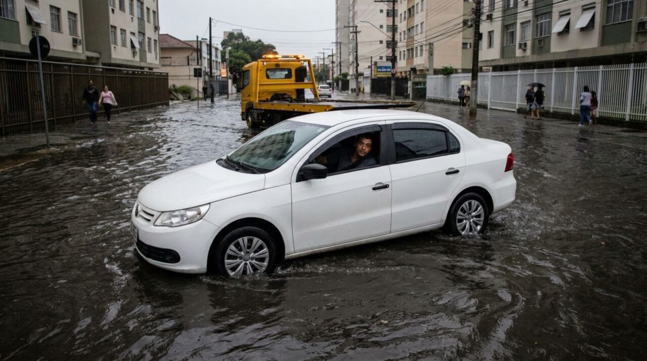 Motorista tenta a sorte e atravessa trecho alagado, motor apaga e seguradora nega o reparo por possível agravamento do risco, enquanto condutor diz que não havia bloqueio nem sinalização