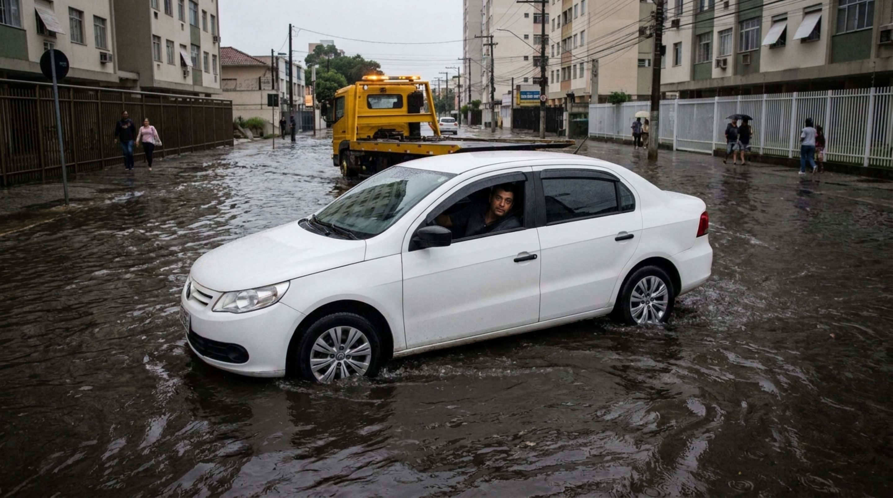 Motorista tenta a sorte e atravessa trecho alagado, motor apaga e seguradora nega o reparo por possível agravamento do risco, enquanto condutor diz que não havia bloqueio nem sinalização - QTU Questões do Universo