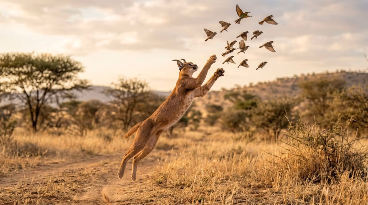 O felino acrobático que salta mais de 3 metros e derruba pássaros antes que eles consigam escapar pelo ar